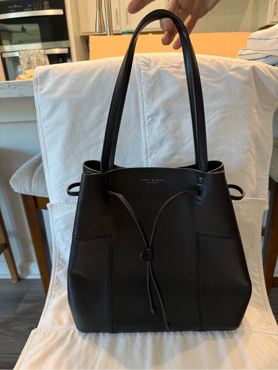 Tory Burch Handbags - Tory Burch Black Leather Drawstring Tote with Top Handles